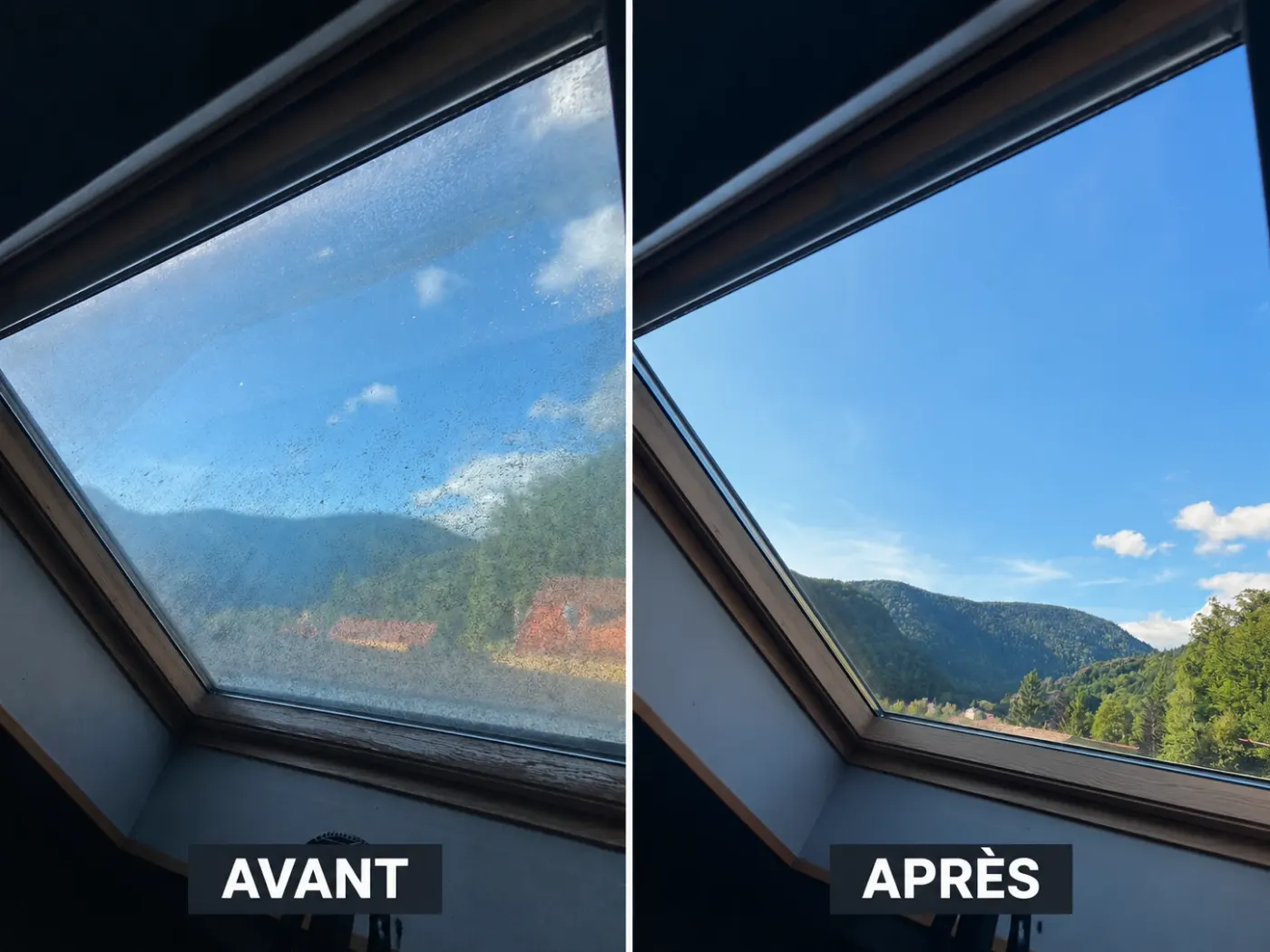 Fenêtre de toit avant et après nettoyage : vitre couverte de dépôts, puis vue dégagée sur la montagne