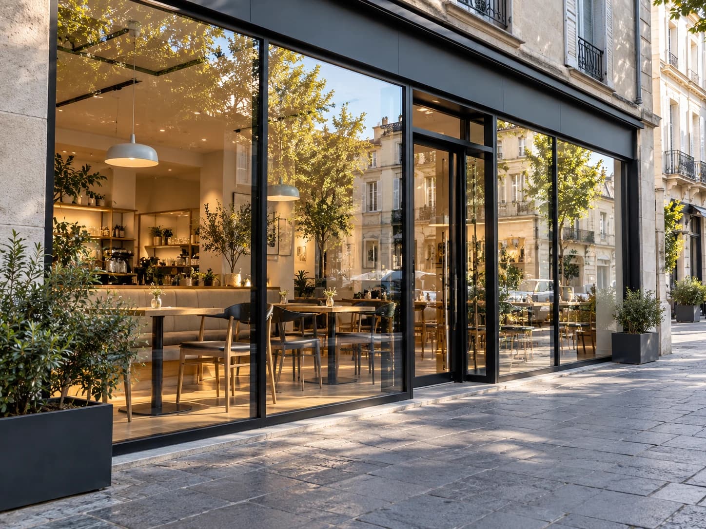 Vitrine d'un café aux vitres parfaitement nettes